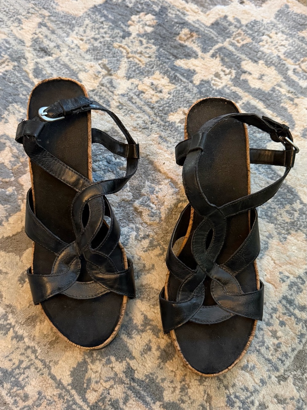 Women's Black Strappy Cork Wedge Sandals with Ankle Buckle